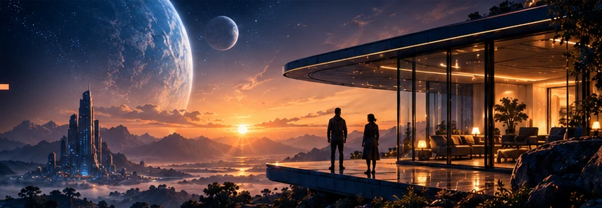 Concept illustration of a warm, glass-fronted house overlooking a science-fiction landscape